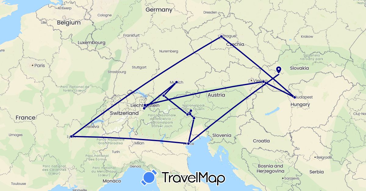 TravelMap itinerary: driving in Austria, Switzerland, Czech Republic, Germany, France, Hungary, Italy, Liechtenstein, Slovakia (Europe)