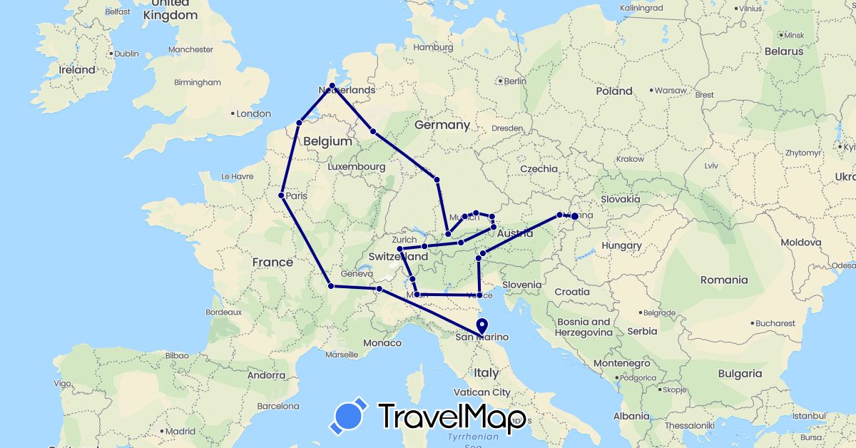 TravelMap itinerary: driving in Austria, Belgium, Switzerland, Germany, France, Italy, Liechtenstein, Netherlands, Slovakia, San Marino (Europe)